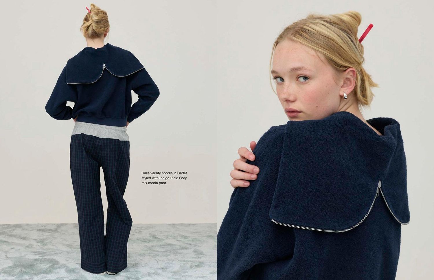 Asher Holiday ’26 Halle varsity hoodie, inside-out construction