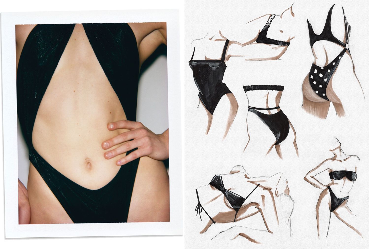 Solarium swimsuit photograph and design sketches