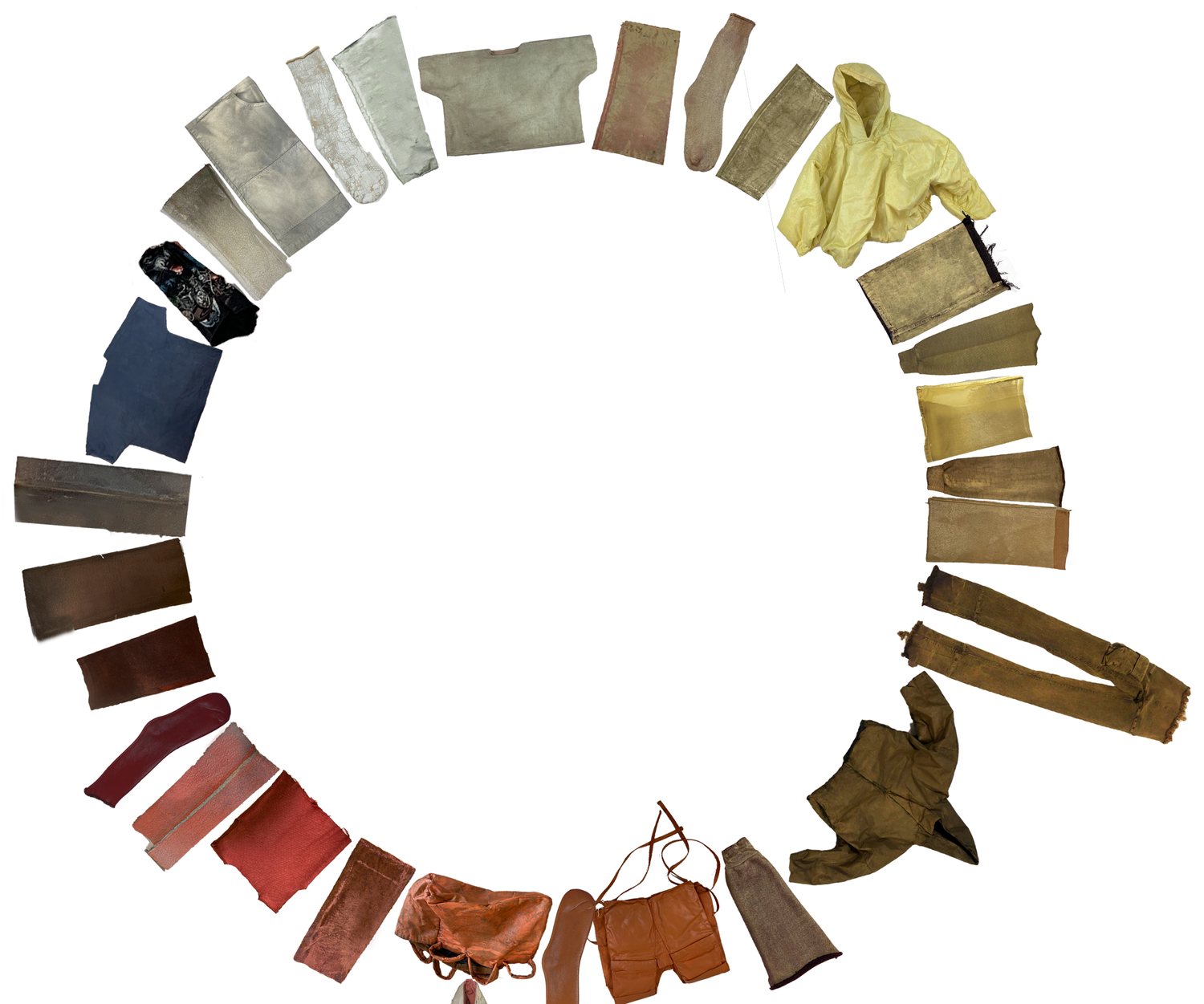 Yeezy lead-color study — garments arranged into a tonal colour wheel