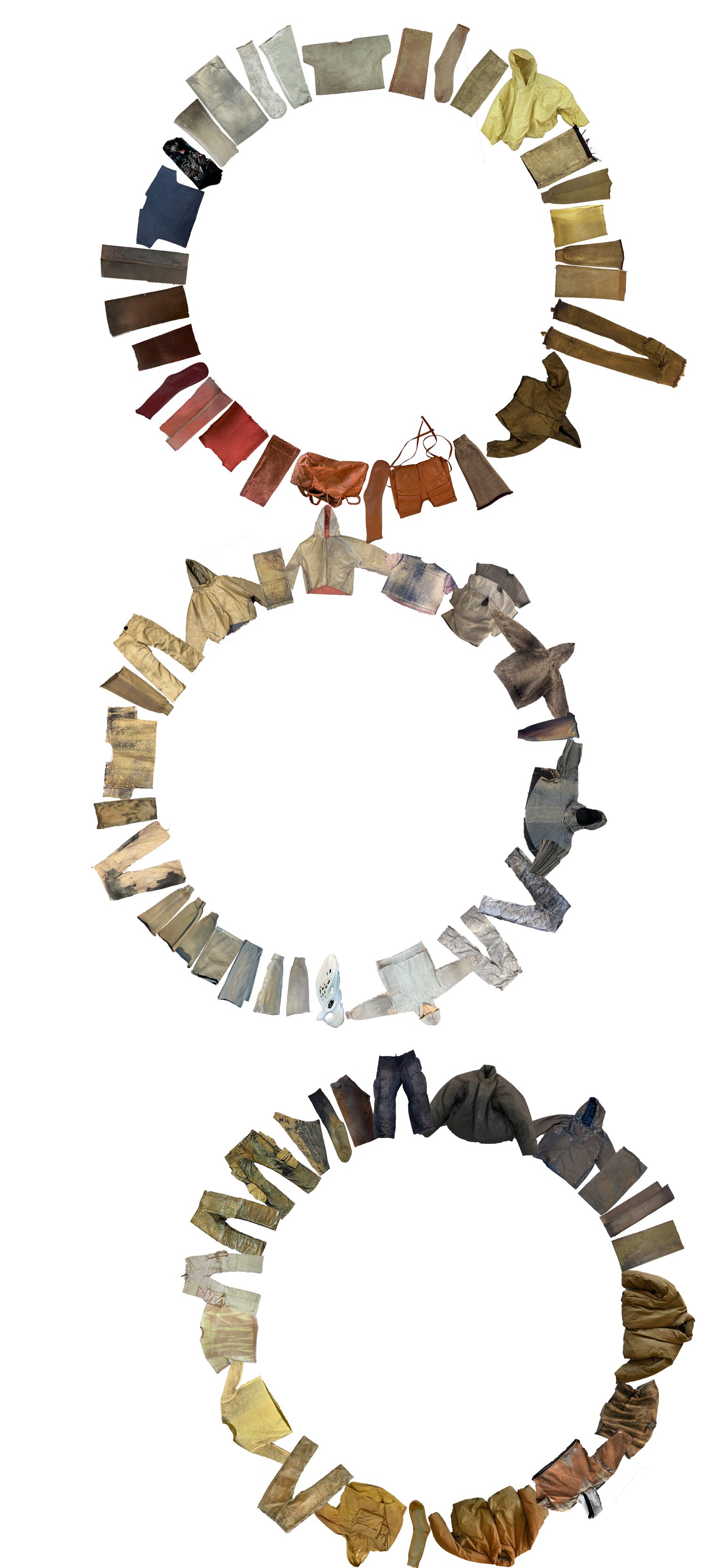 Yeezy color study — three garment colour-wheels, the full tonal range of the line